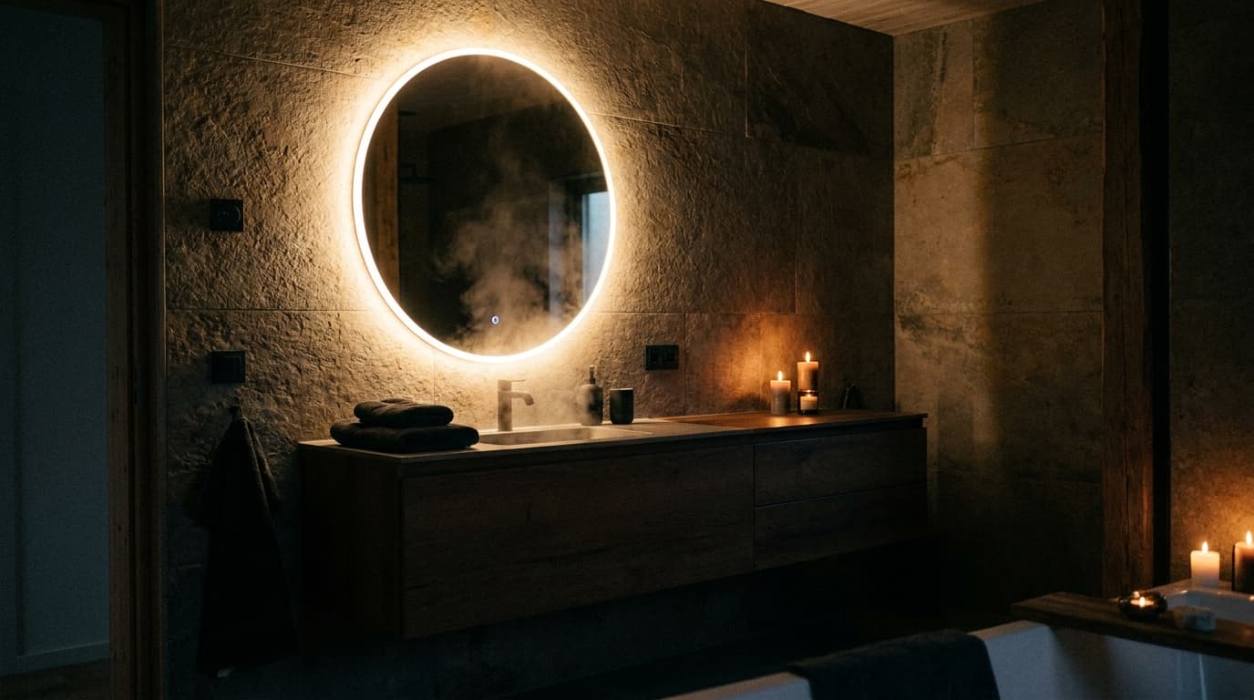Round backlit LED mirror glowing above a dark stone vanity with candles lit nearby