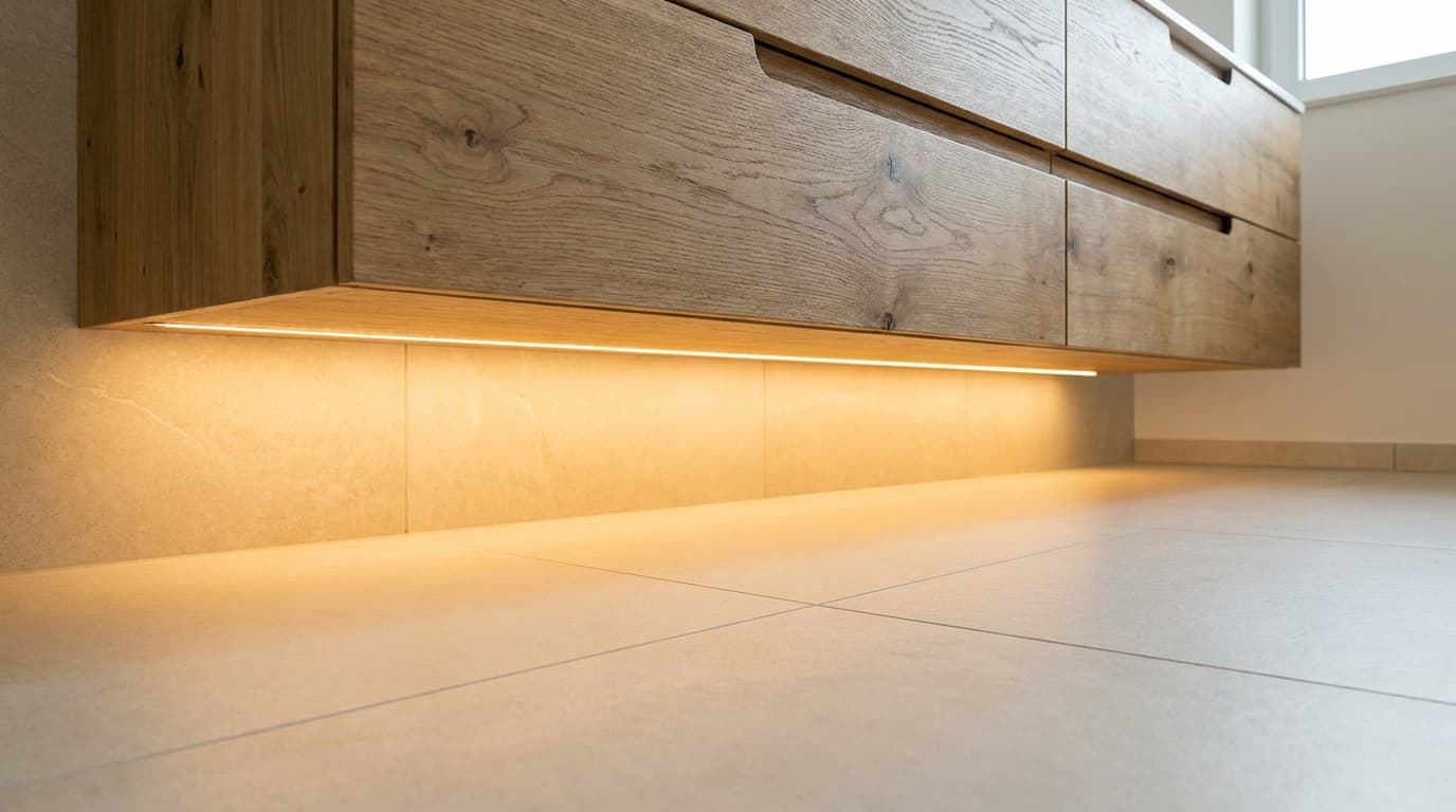 Close-up of a floating wood vanity with a warm LED light strip along the underside
