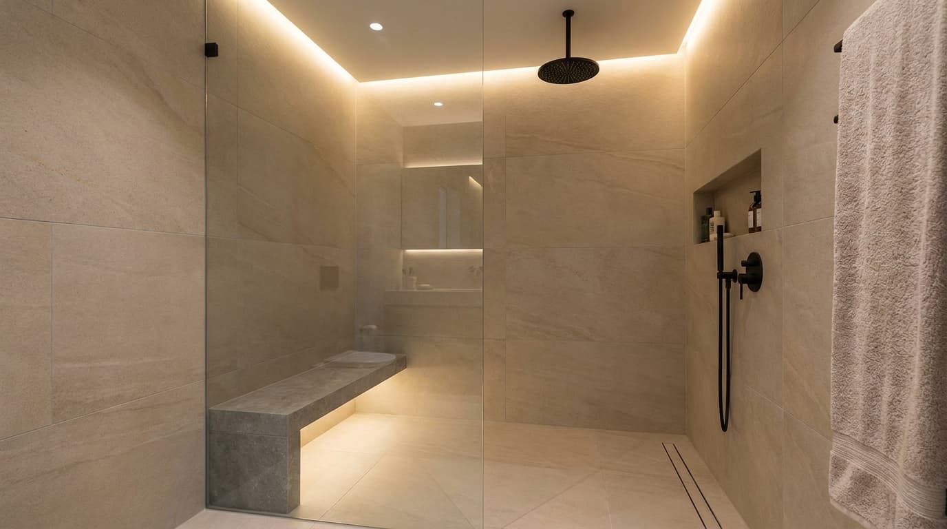 Frameless glass walk-in shower with a rain shower head and built-in stone bench