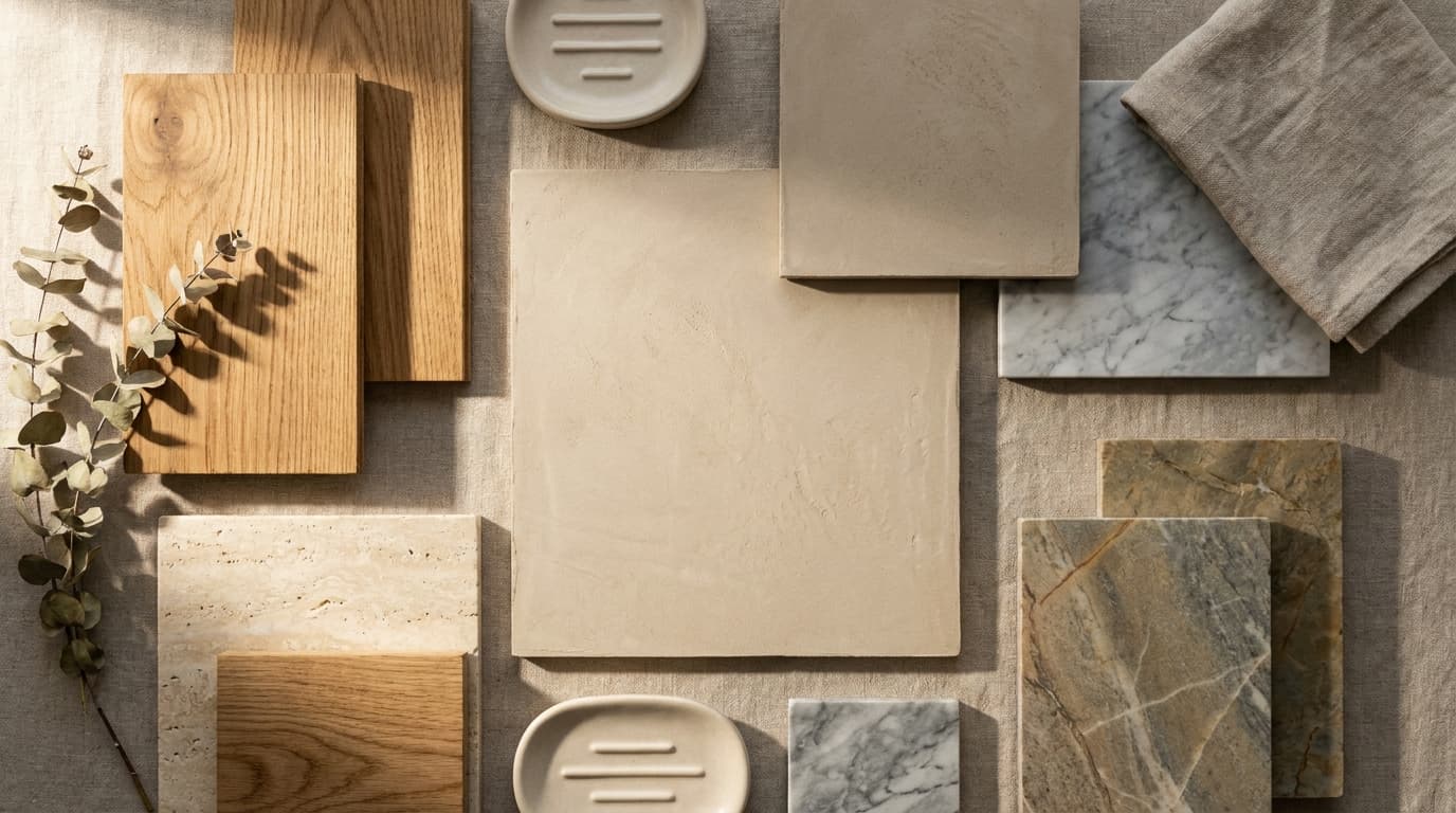 Flat-lay moodboard of wood, marble, travertine, and linen material samples