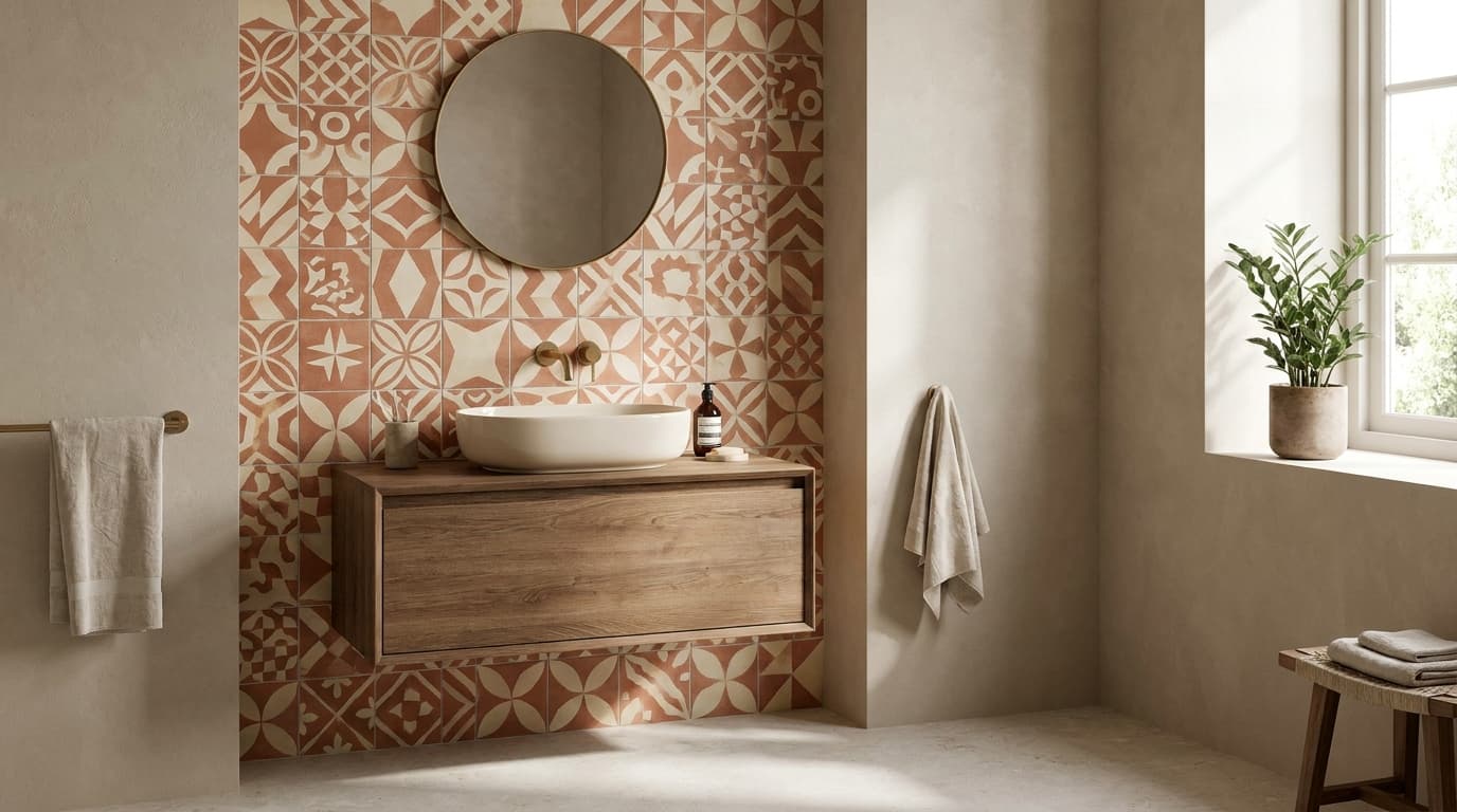 Patterned terracotta and cream tile accent wall behind a round mirror and floating wood vanity