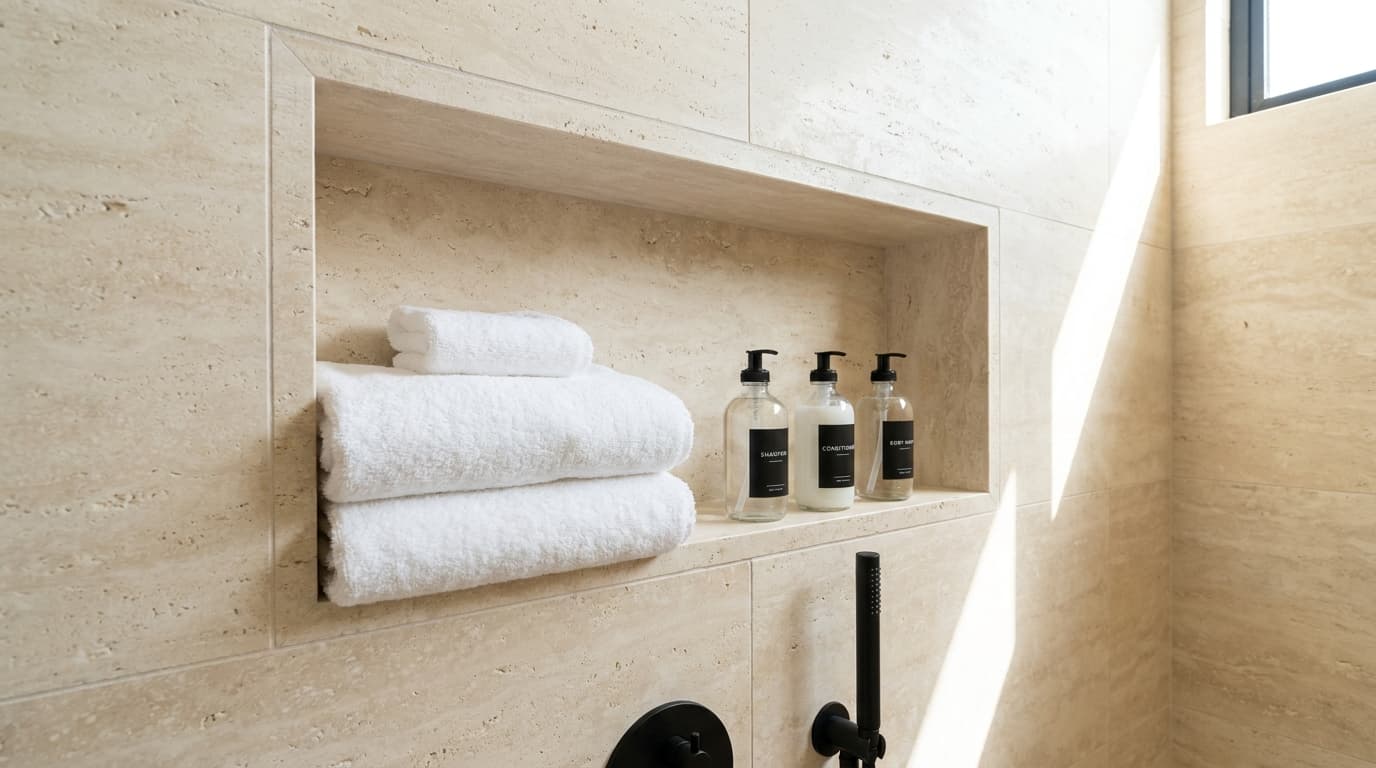 Recessed tiled niche shelf holding folded towels and bottles in a shower wall