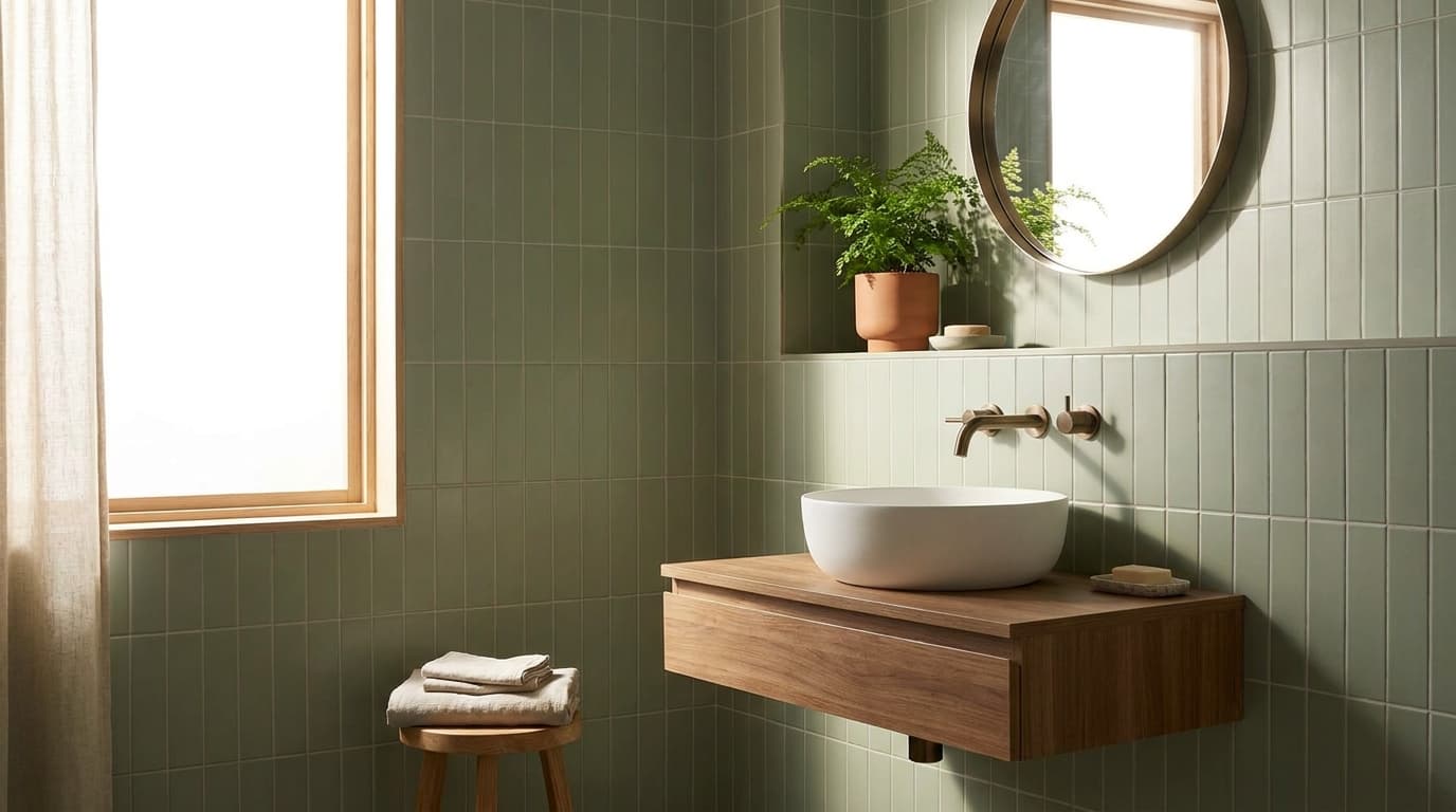 Sage green vertical tile bathroom with a floating wood vanity and round mirror