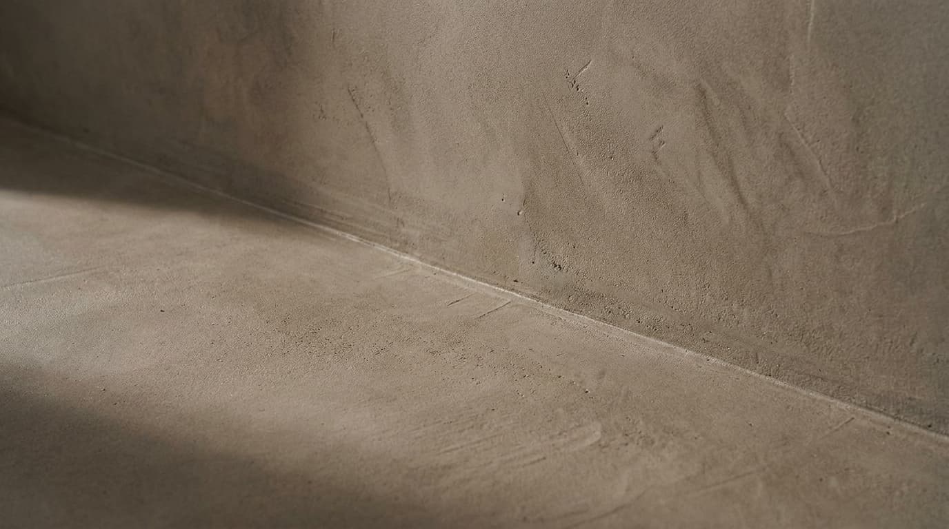 Close-up of a seamless waterproof wall and floor finish curving into a coved corner