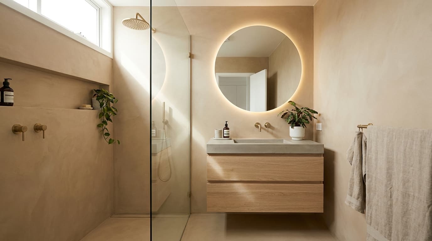 Small bathroom with a backlit round mirror, floating wood vanity, and frameless glass shower