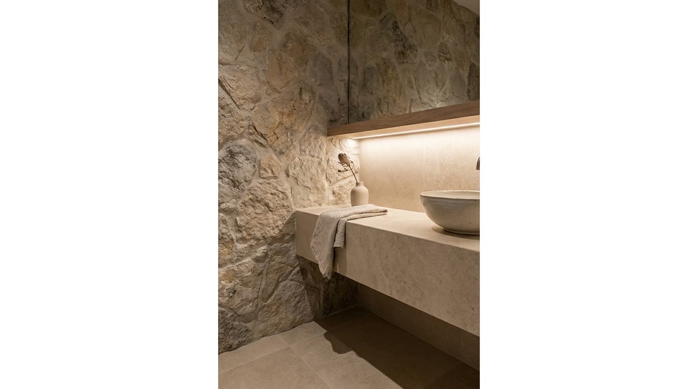 Stone vessel sink on a floating stone vanity against a natural stone accent wall