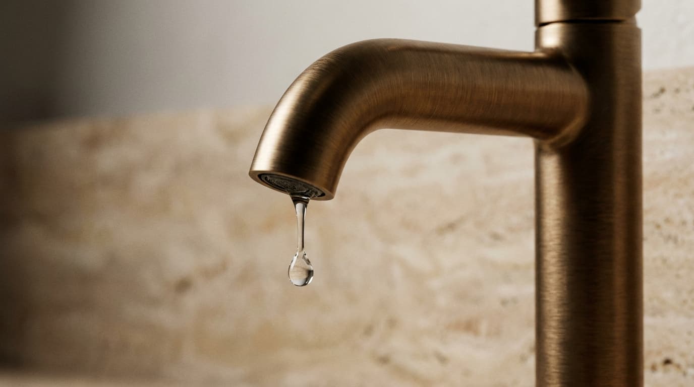 Close-up of a brushed brass faucet with a single water droplet against a stone backsplash