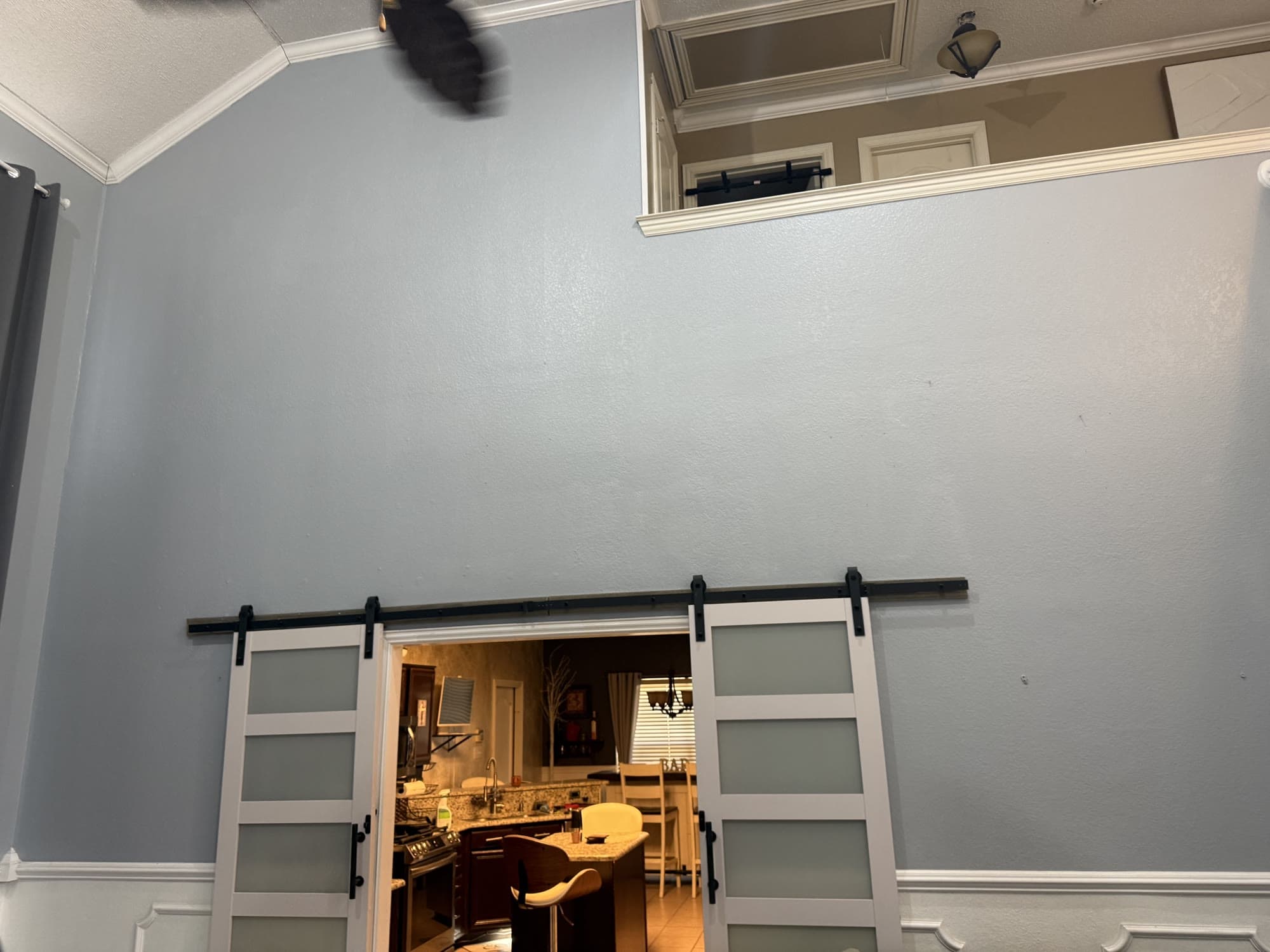 Freshly painted blue-gray accent wall above sliding barn doors leading to a kitchen