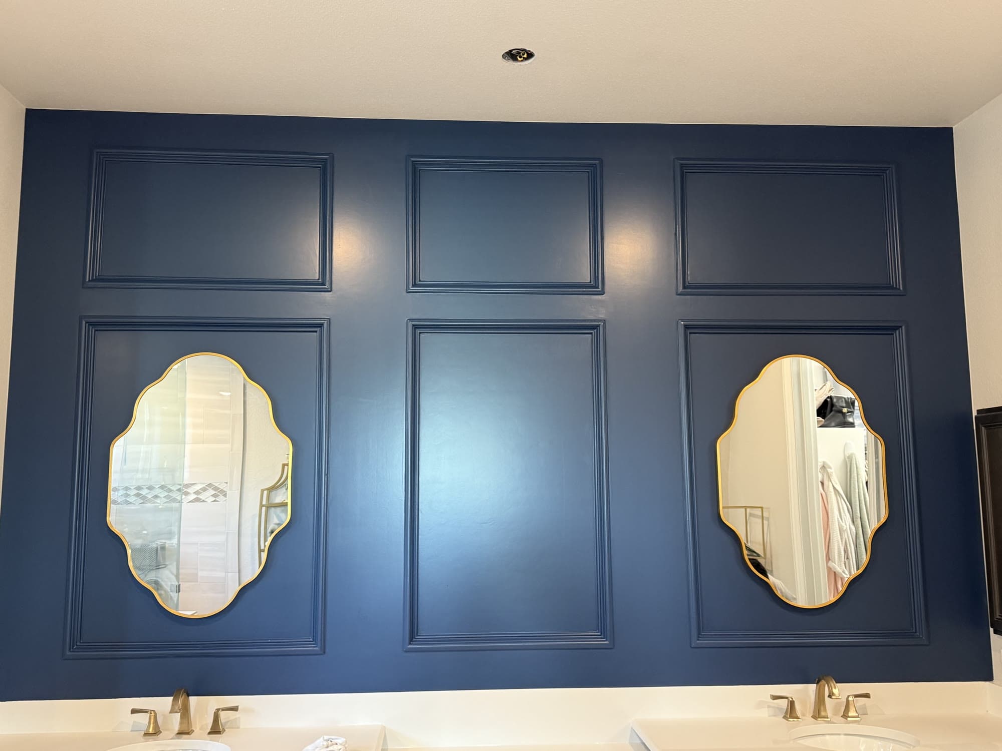 Bathroom with a navy paneled accent wall, oval mirrors, and dual pedestal sinks
